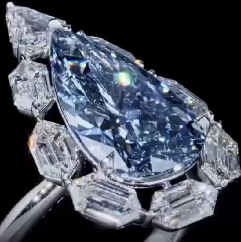 Pear Engagement Ring Blue 925 Silver High Carbon Diamond