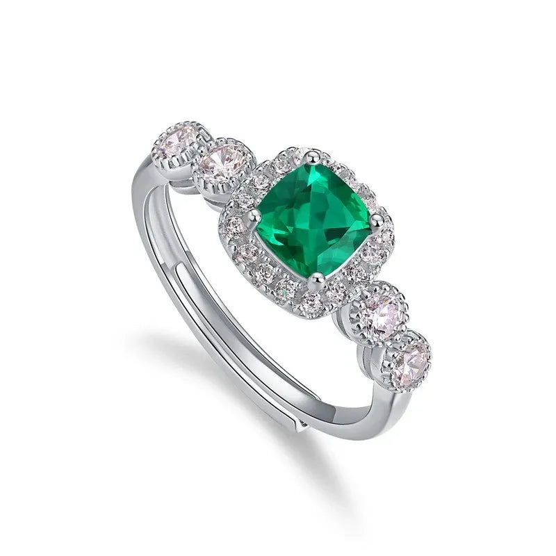 Cushion Engagement Ring 5*5 0.48ct 925 Silver Emerald Open Ring