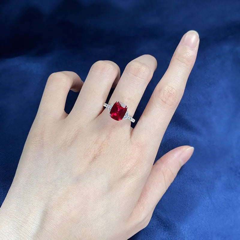 Cushion Engagement Ring 8*10 925 Silver Ruby