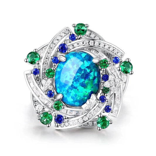 Oval Engagement Ring 925 Silver High Carbon Diamond Opal