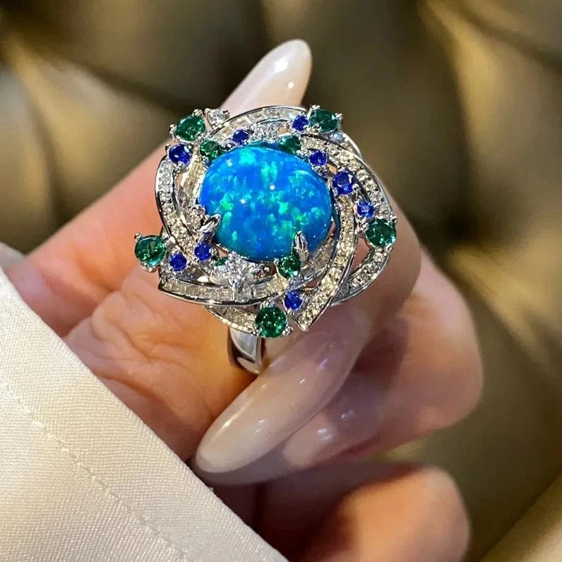 Oval Engagement Ring 925 Silver High Carbon Diamond Opal