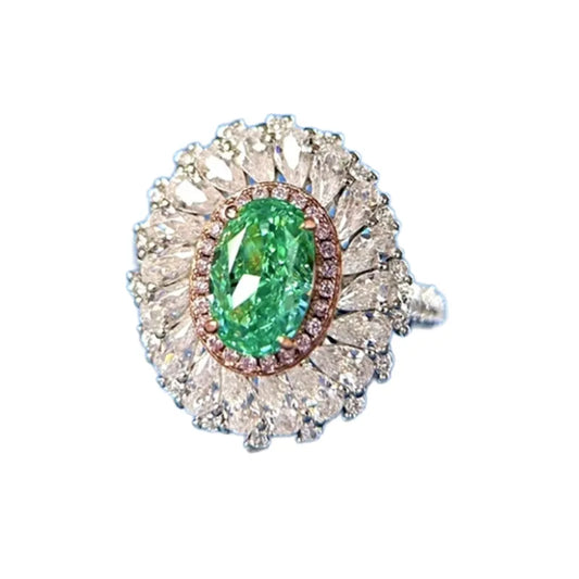 Oval Engagement Ring Paraiba Green 6*9 925 Silver High Carbon Diamond