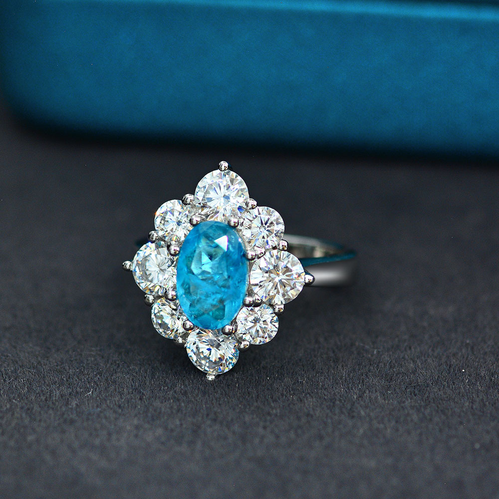 Oval Engagement Ring 1.5ct 6*9 925 Silver Paraiba Blue High Carbon Diamond