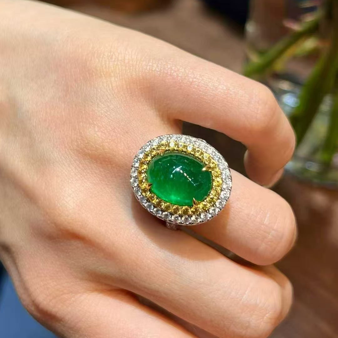Elegant High Jewelry | 8.077ct Natural Emerald Ring in 18K Gold with Diamonds &amp; Yellow Sapphires