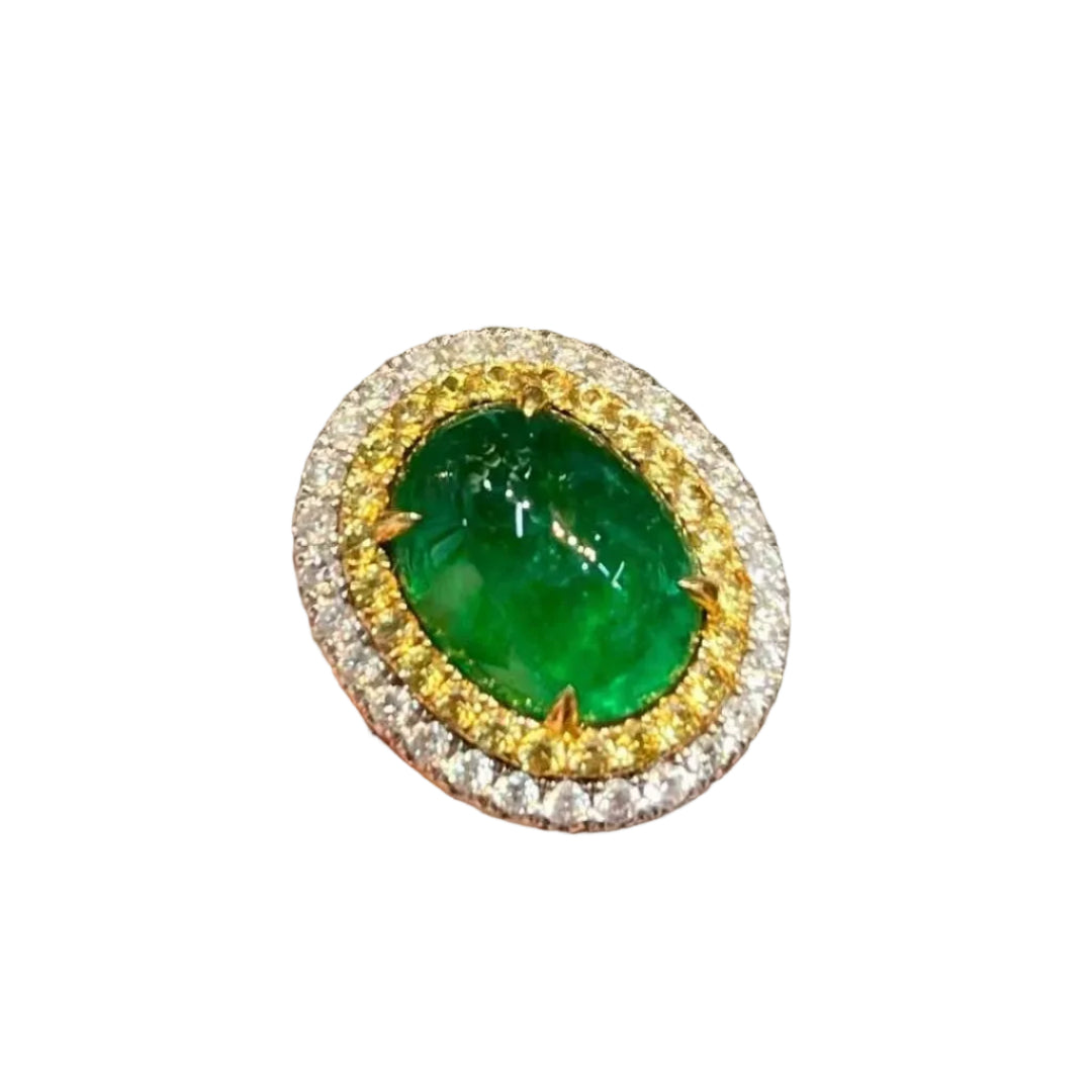 Elegant High Jewelry | 8.077ct Natural Emerald Ring in 18K Gold with Diamonds &amp; Yellow Sapphires