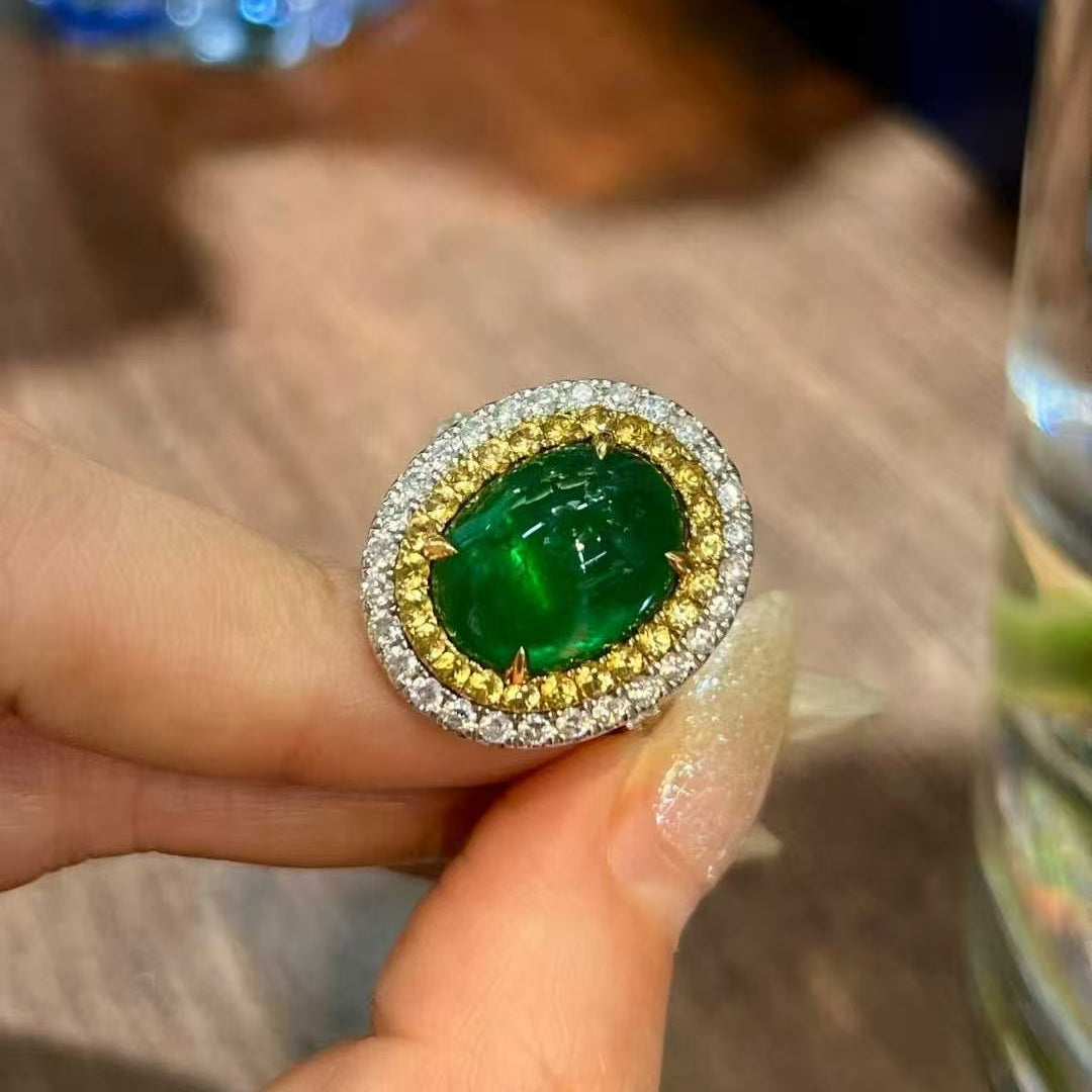 Elegant High Jewelry | 8.077ct Natural Emerald Ring in 18K Gold with Diamonds &amp; Yellow Sapphires