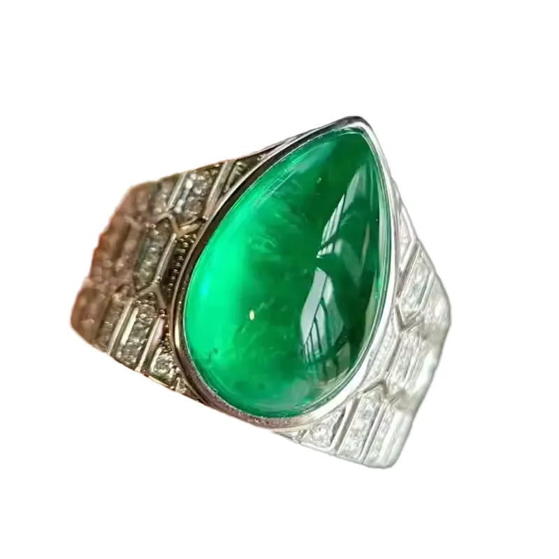 Engagement Ring 18K Gold 7.66ct Cabochon Pear-Shaped Emerald Ring