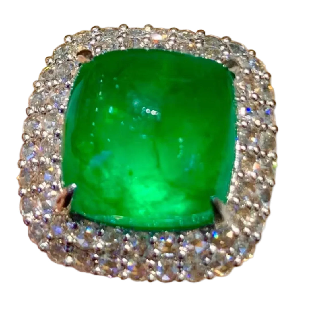 Ultimate High Jewelry | 9.77ct Verdant Green Sugarloaf Emerald Ring in PT950 Platinum (Guild Certified)