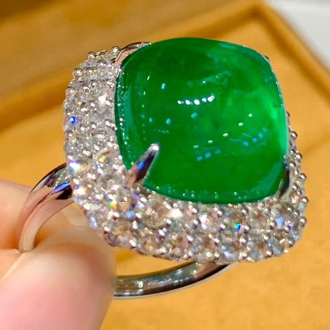 Ultimate High Jewelry | 9.77ct Verdant Green Sugarloaf Emerald Ring in PT950 Platinum (Guild Certified)
