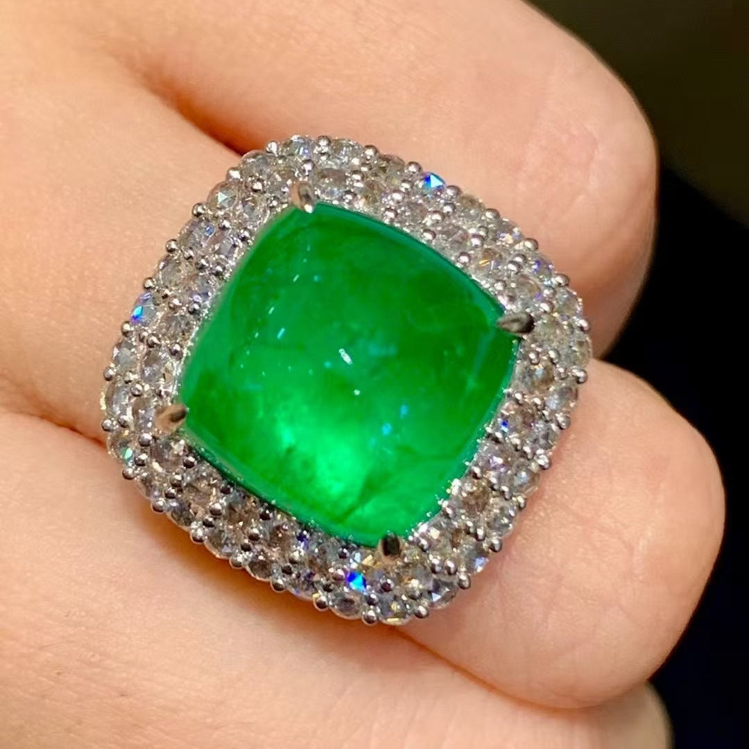 Ultimate High Jewelry | 9.77ct Verdant Green Sugarloaf Emerald Ring in PT950 Platinum (Guild Certified)