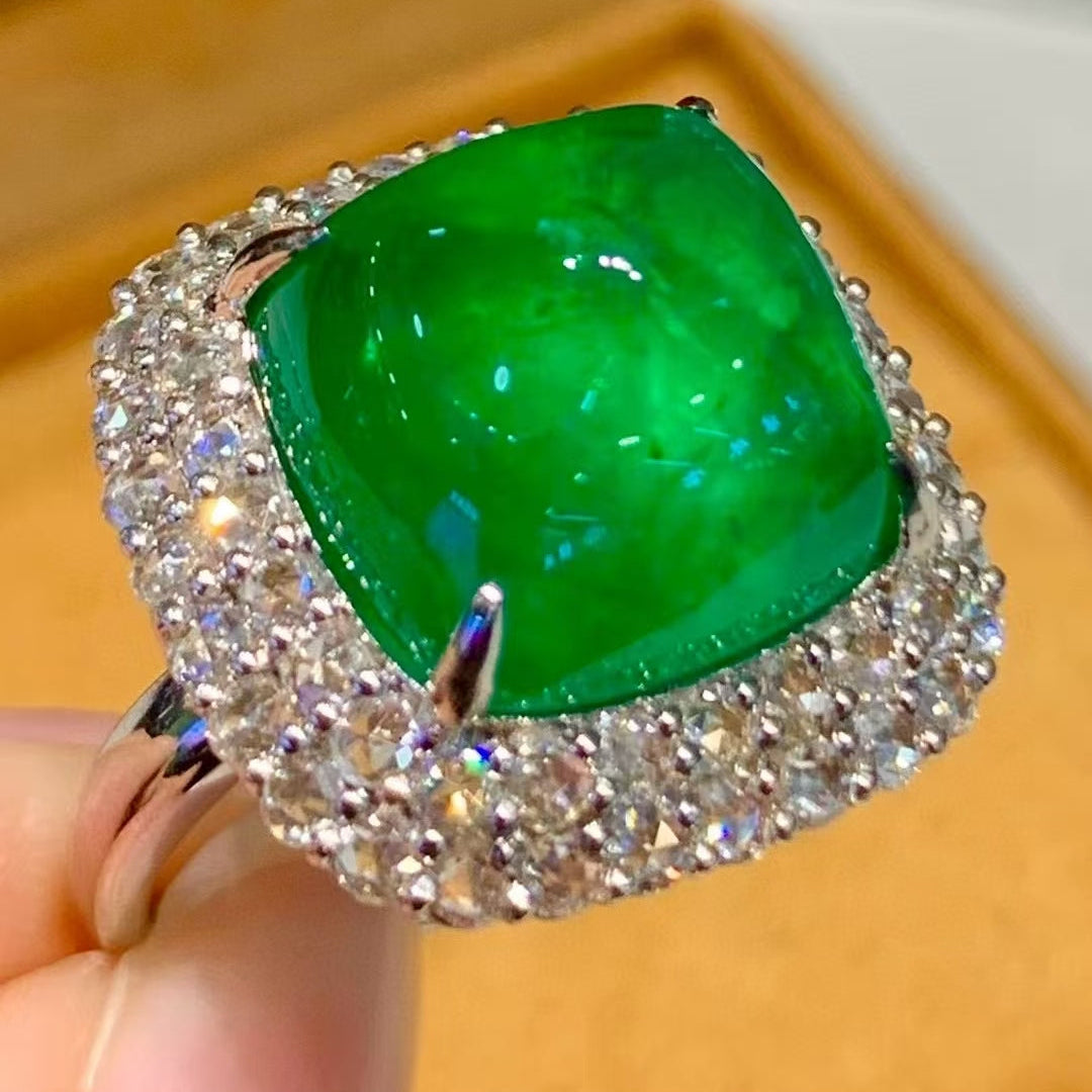 Ultimate High Jewelry | 9.77ct Verdant Green Sugarloaf Emerald Ring in PT950 Platinum (Guild Certified)
