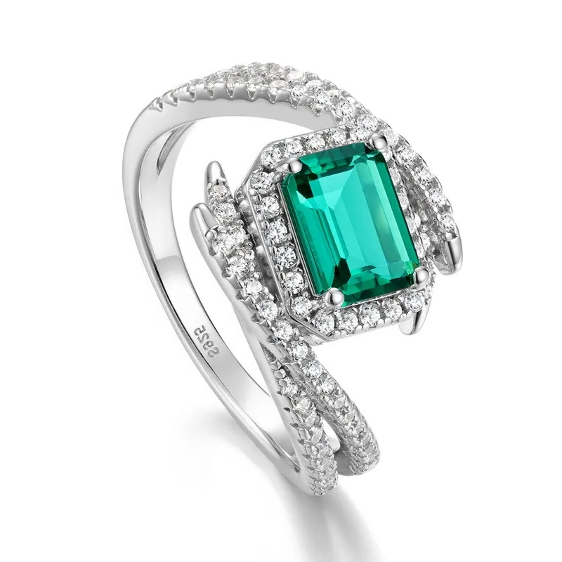 Platinum Plated S925 Sterling Silver Lab-Created Emerald Cross-Band Ring