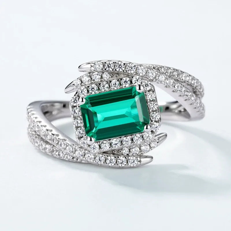 Platinum Plated S925 Sterling Silver Lab-Created Emerald Cross-Band Ring