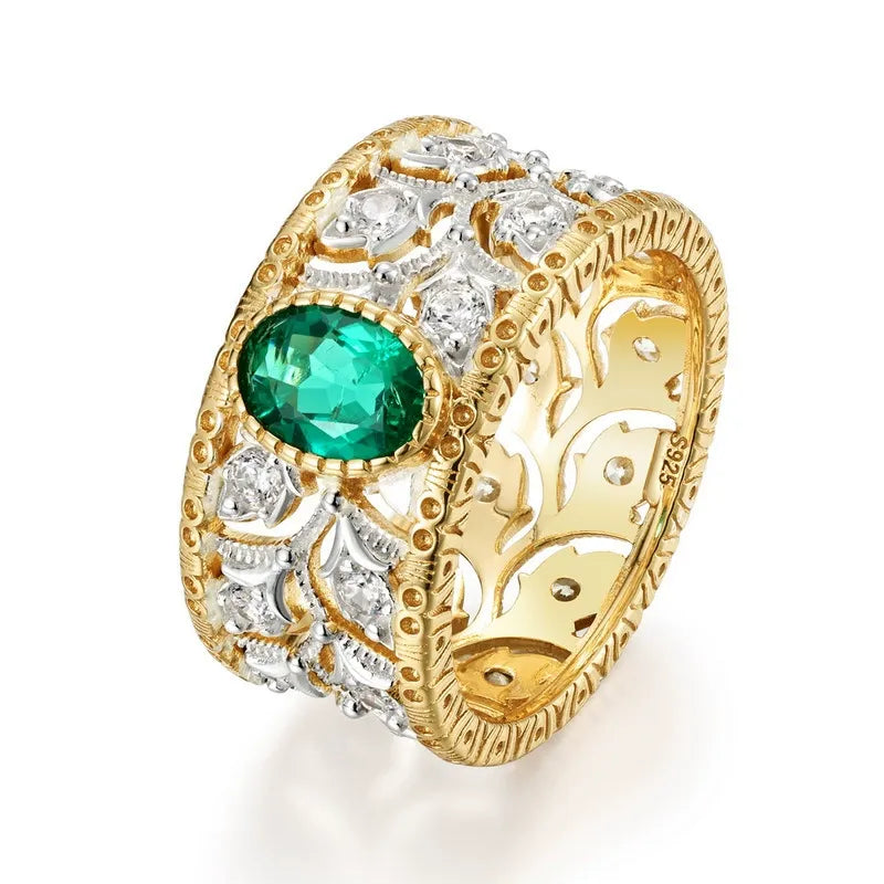 Vintage Lace Hollow Emerald Ring in S925 Sterling Silver