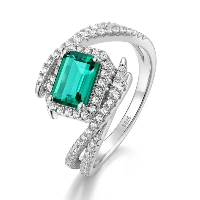 Platinum Plated S925 Sterling Silver Lab-Created Emerald Cross-Band Ring