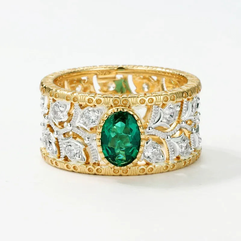Vintage Lace Hollow Emerald Ring in S925 Sterling Silver