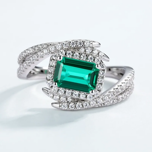 Platinum Plated S925 Sterling Silver Lab-Created Emerald Cross-Band Ring