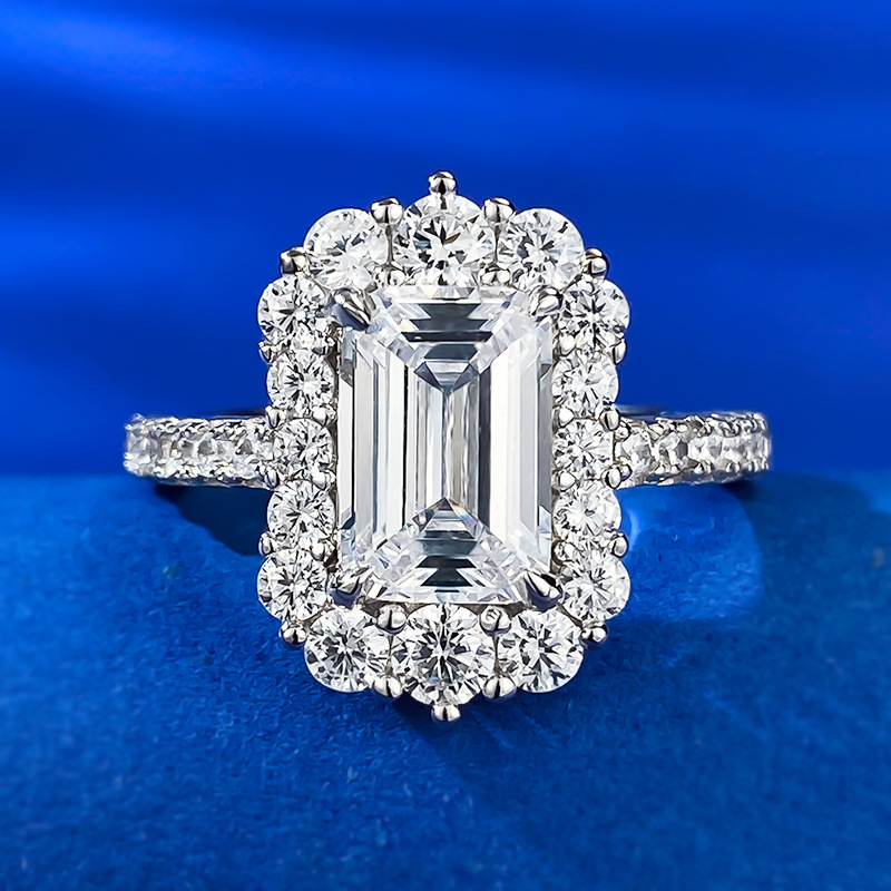Emerald Engagement Ring 6*9 925 Silver High Carbon Diamond