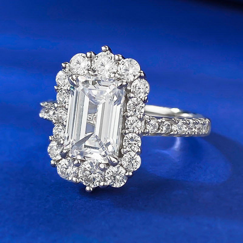 Emerald Engagement Ring 6*9 925 Silver High Carbon Diamond