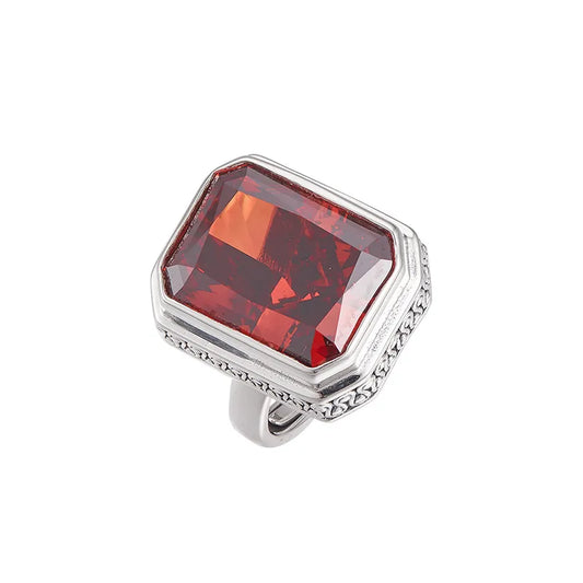 Rectangular Engagement Ring 925 Silver Garnet Open Ring