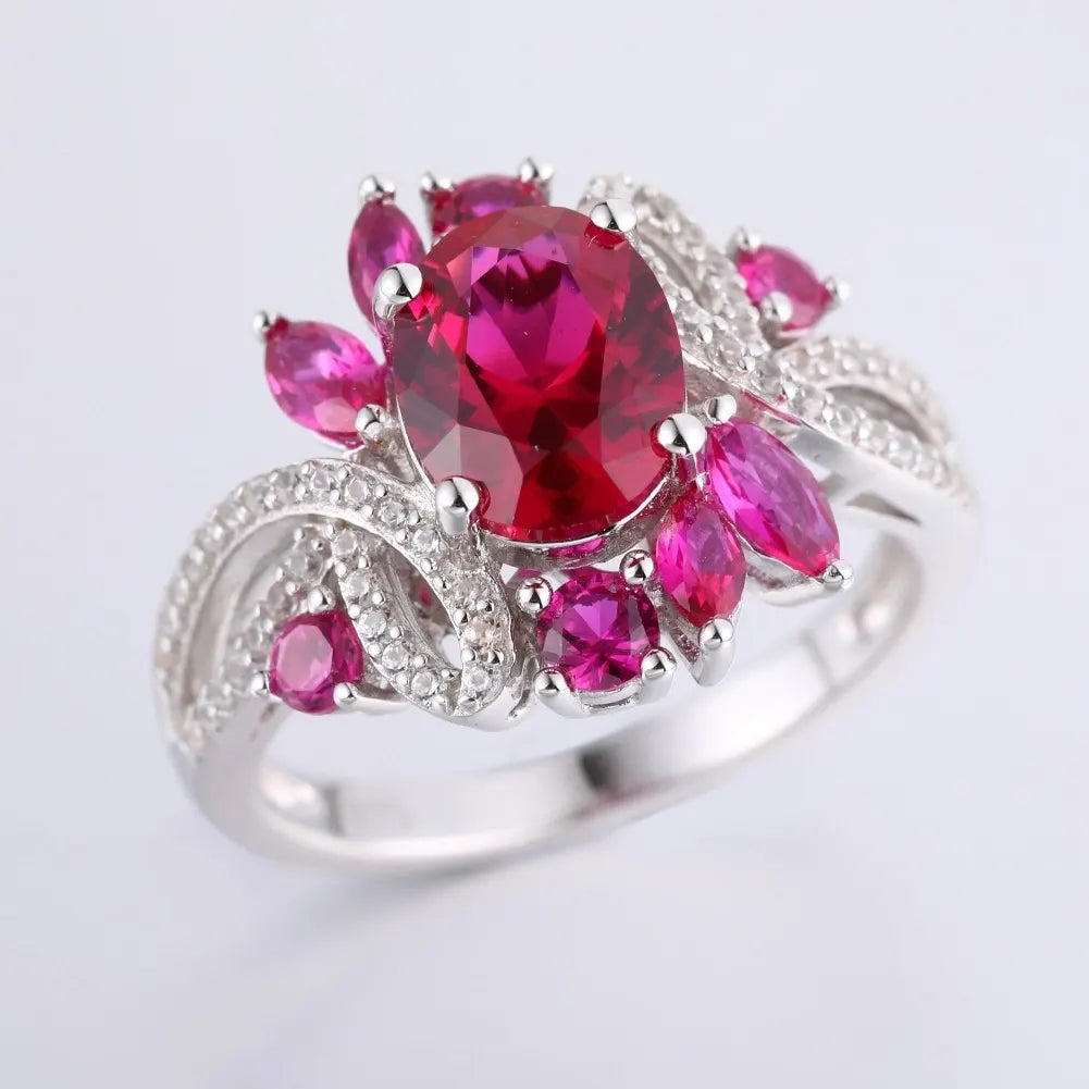 Red Oval Engagement Ring 925 Silver Ruby