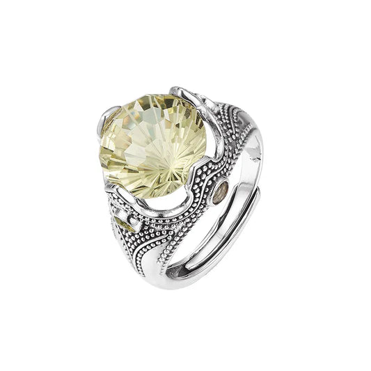 Round Engagement Ring 925 Silver Lemon crystal