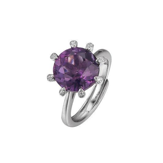 Round Engagement Ring 925 Silver Amethyst Open Ring
