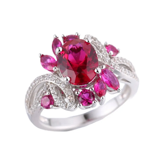 Red Oval Engagement Ring 925 Silver Ruby