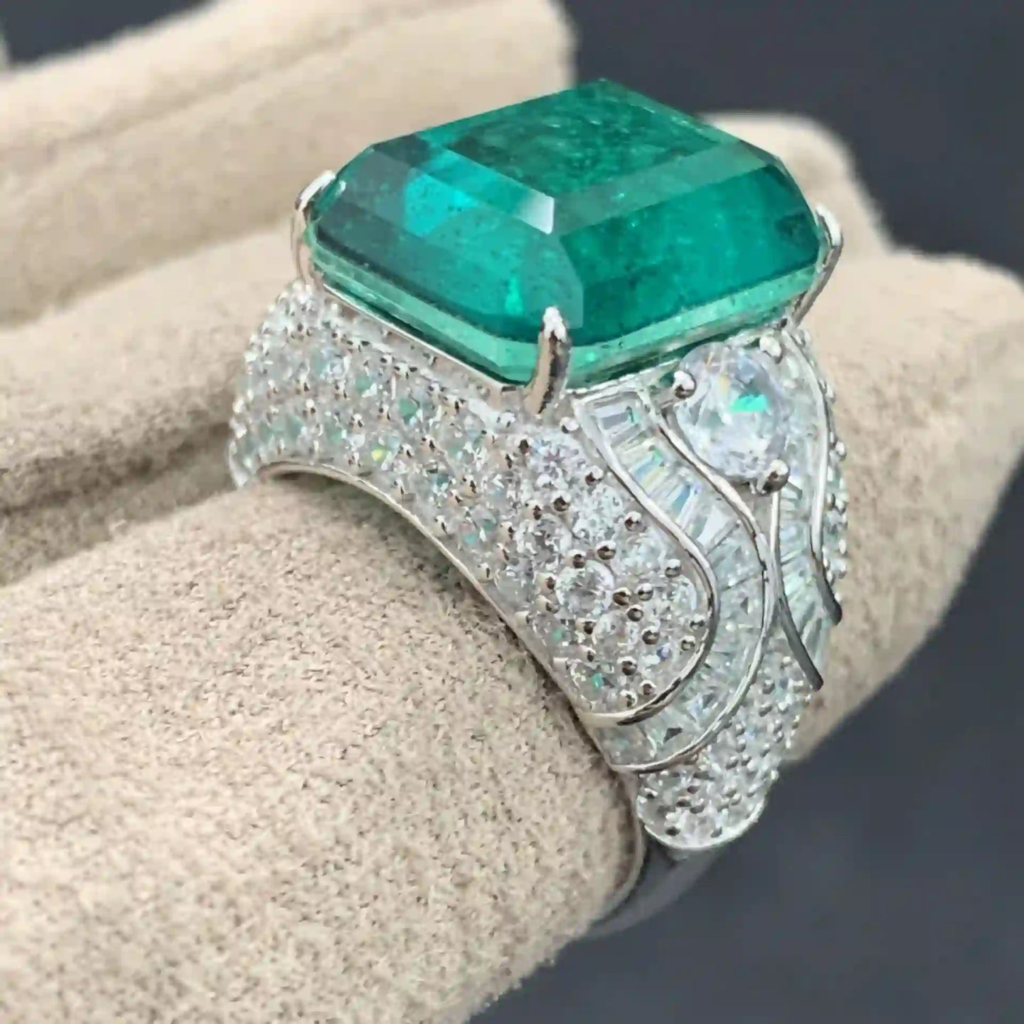 Emerald Engagement Ring 925 Silver High Carbon Diamond